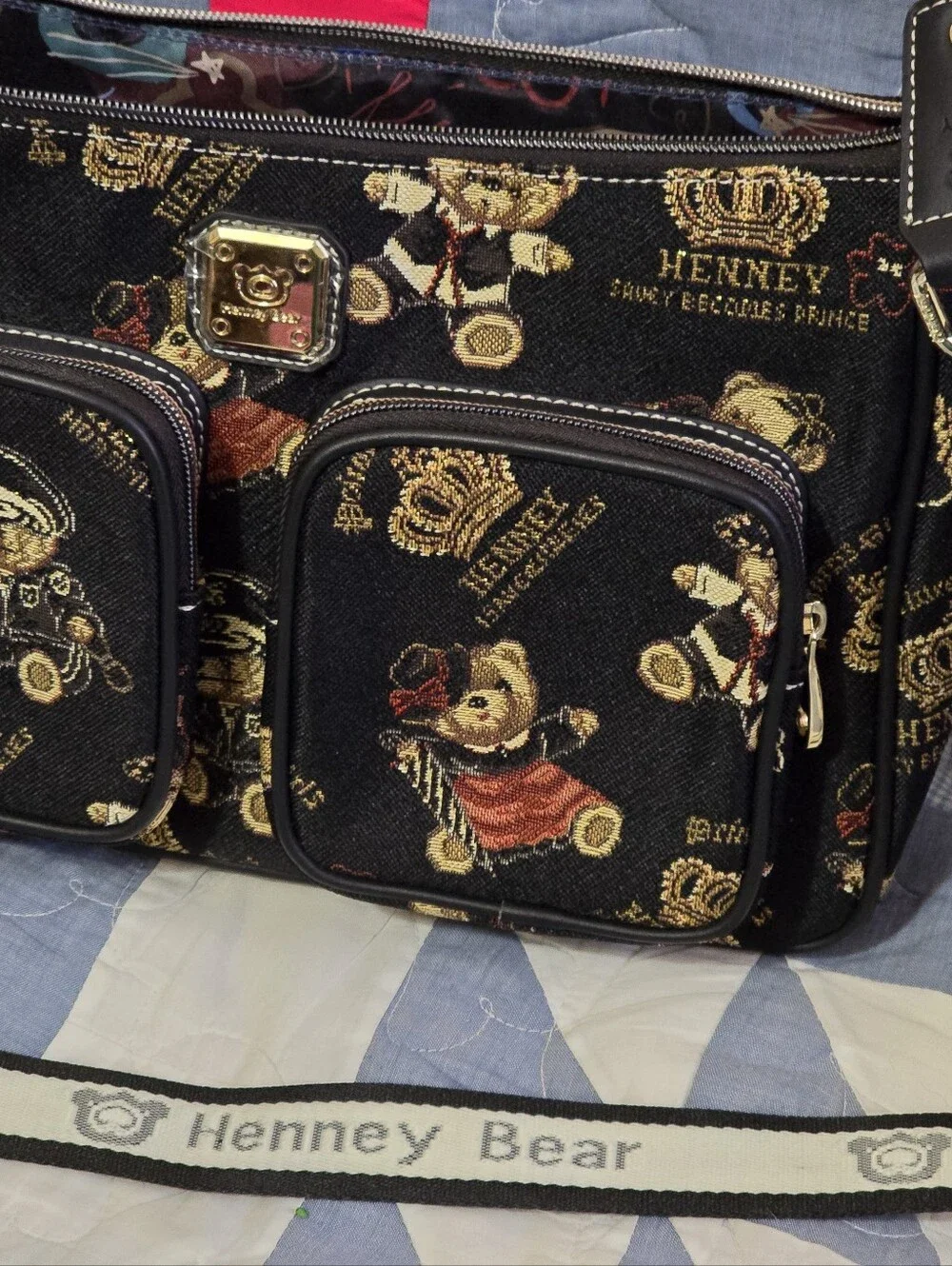 Henney Bear Black Teddy & Crown Print Messenger Bag